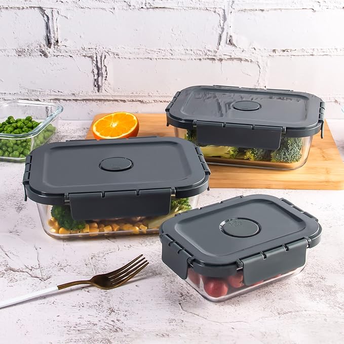 10 Pack Glass Food Storage Containers with Lids, Airtight Meal Prep Containers, Glass Lunch Containers Built in Air Vents, Dishwasher Safe, Grey