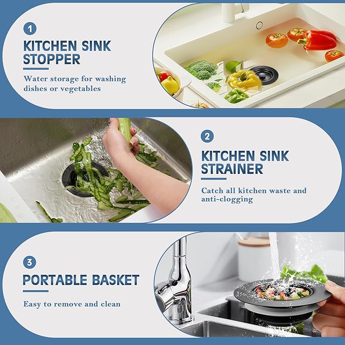 Kitchen Sink Drain Strainer 3 in 1, 304 Stainless Steel Pop Up Sink Stopper, Anti-Clogging Sink Drain Strainer for US Standard Kitchen Drain (Matte Black)