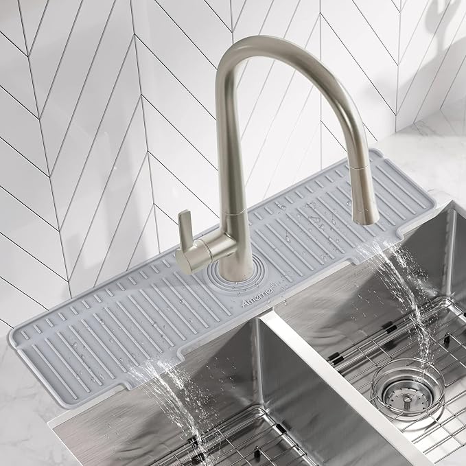 Amerner 20 inch Kitchen Sink Splash Guard, 10° Large Slope & Adaptable Hole Faucet Mat for Kitchen Sink, Silicone Sink Organizer Sponge Holder for Kitchen, Bathroom, RV, Bar, 20” x 5.5”, Gray
