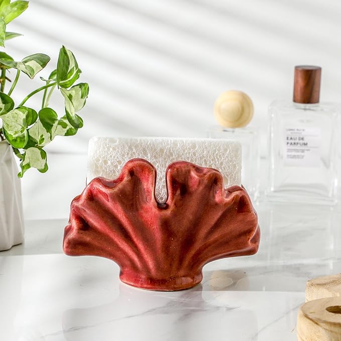 Uiddo Ceramic Sponge Holder,Sponge Holder for Kitchen Sink,Compact Sink Caddy Organizer, Dish Sponge Holders,Farmhouse Kitchens Decor Cute Gadgets Accessories,Christmas Kitchen Decor(Red)