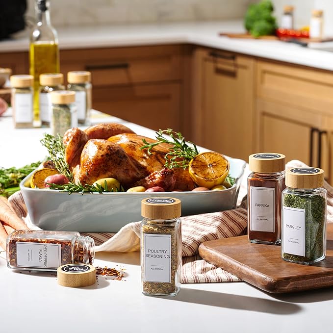 24-Piece Spice Jars Set by Le'raze: Glass Jars with Bamboo Lids, Labels & Funnel, Airtight Kitchen Storage