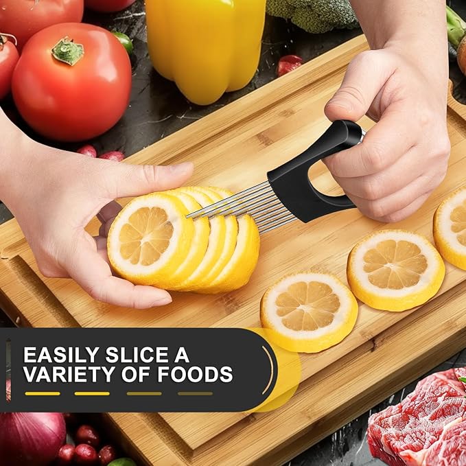 Premium Onion Slicer, Stainless Steel Onion Holder for Slicing, Kiwifruit, Tomatoes, Avocados, Eggs, Lemon, Meat, Potato, Third Generation Onion Cutter with Protective Cover
