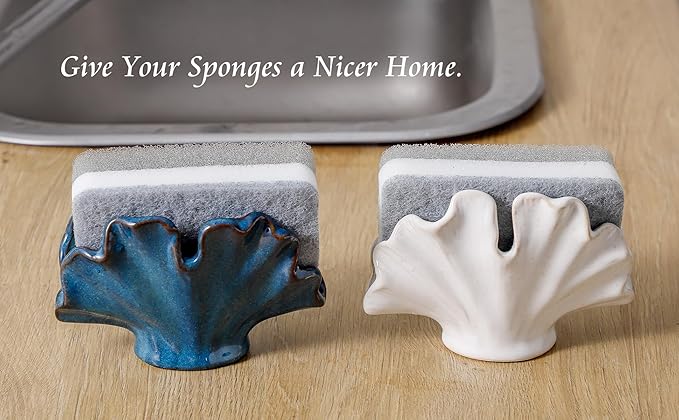 Uiddo Ceramic Sponge Holder,Sponge Holder for Kitchen Sink,Compact Sink Caddy Organizer-Scouring Pad and Dish Sponge Holders,Farmhouse Kitchens Decor Cute Kitchen Gadgets Accessories(White)