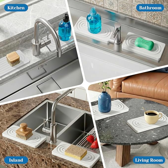 Water Absorbing Stone Tray, Bathroom Kitchen Soap Tray, Stone Drying Mat for Kitchen Counter Faucet, Vanity Sink Caddy Bar Coaster, Countertop Fast Drying Counter Trays, Diatomite Stone Sink Trays