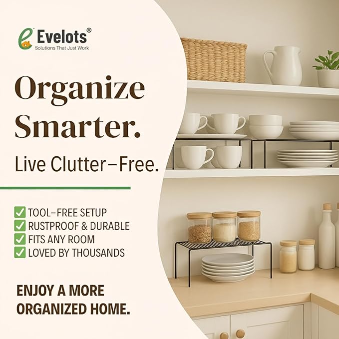 Evelots Kitchen Cabinet Wire Shelf Organizer/Rack - 2 Pack Sturdy Metal Shelf Risers - Double Your Counter Space - Great for Kitchen, Freezer, Pantry and Bathroom - Rustproof - Black