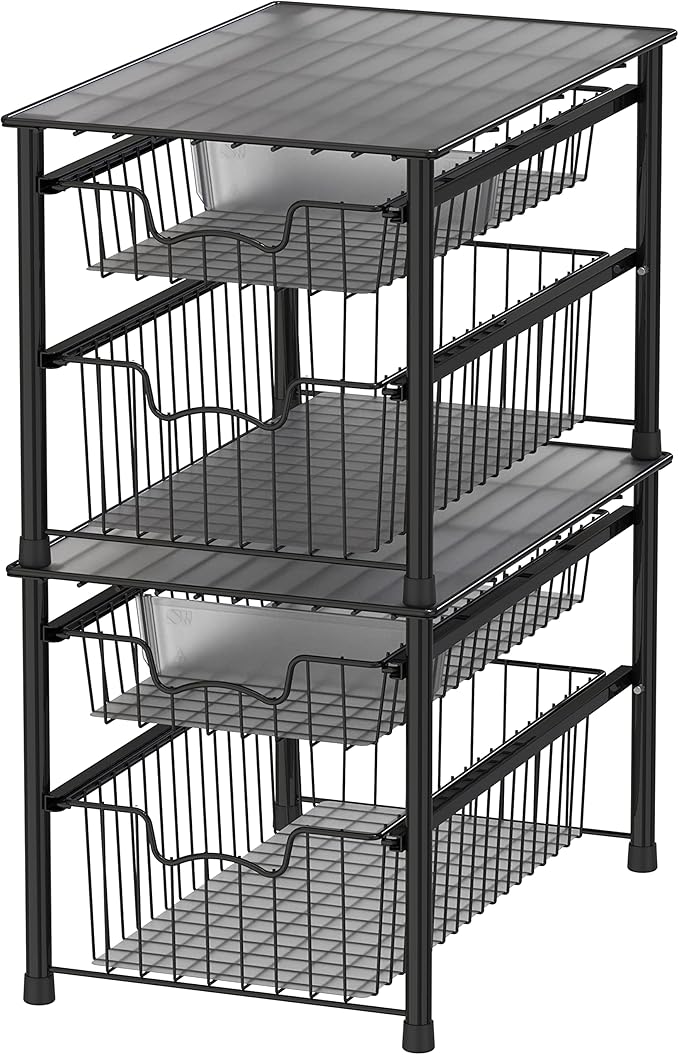 Simple Houseware Stackable Sliding Basket Organizer Drawer, Black, 2-Tier