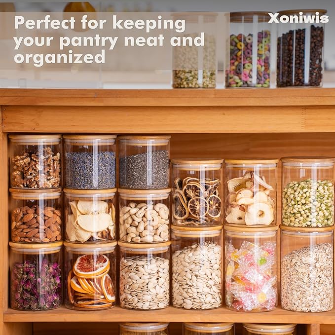 6-Pack 0.8Qt Round Glass Storage Jars with Bamboo Lids, Pantry Storage Containers for Neat Organization, Ideal for Minimalist Kitchen Organizer, Nut, Coffee Beans, Oats, Cookie, Candy, Tea
