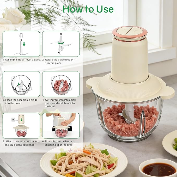 Food Processors 300W Electric Chicken Shredder Meat Grinder with Dual Blades and Full Copper Motor, 2L Food Chopper for Meat/Cooked Chicken Breast/Fish/Vegetable/Baby Food/Pet Food(Large)