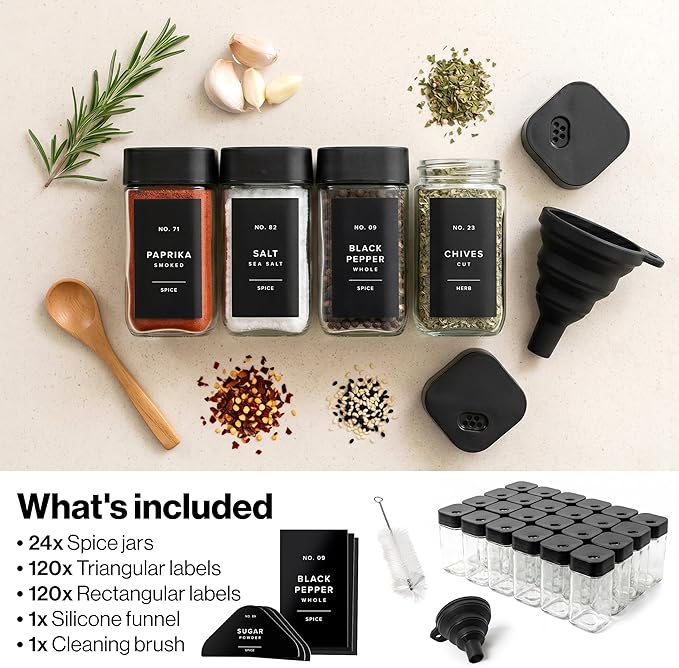 EDELHAUS Square Glass Spice Jars with Label and Black Rotating Lids (24 x 4oz) Spice Containers with 240 Labels, Shaker Inserts, Silicone Funnel, Empty Square Empty Square Seasoning Organizer