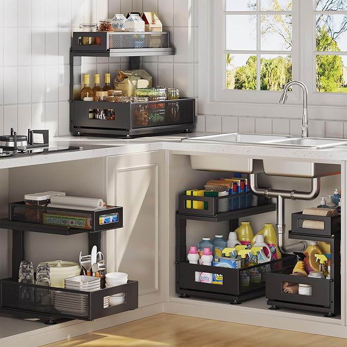 2 Pack Under Sink Organizer with Next-Gen Ball-Bearing Slides,2-Tier Pull Out Cabinet Storage,Height Adjustable Drawer Shelf for Bathroom,Kitchen,Laundry,Cabinet,Pantry(Patent Pending)