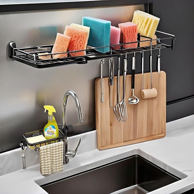 Kitchen Sink Faucet Organizer, Dish Sponge Holder Over Faucet Kitchen Sink Caddy Organizer with Hook for Bathroom, Scrubbers, Soap, Work with 0.7-1.1inch Round Water Pipe (Black,Left)