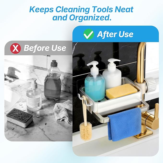Sink Caddy Kitchen Sink Organizer, 360° Rotating Faucet Sponge Holder for Kitchen Sink with Pull-Out Drain Tray 3 Compartments Hanging Sink Caddy for Sponge Dish Brush Cloth,White
