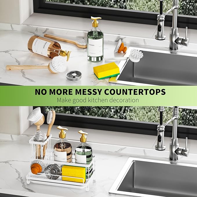 Sponge Holder for Kitchen Sink,Sink Caddy with Removable Brush Holder,Self-Draining Sponge Caddy for Sponge,Soap,Dish Brush,Scrubber,Kitchen Essentials and Gadgets