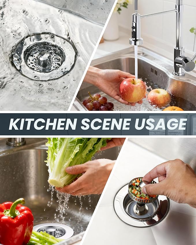 ARCORA Kitchen Sink Drain Strainer: Stainless Steel 3 in 1 Sink Stopper with Anti-Clogging Basket, Kitchen Strainer with Brass Bounce Core for Standard 3-1/2 Inch Drain, Chrome