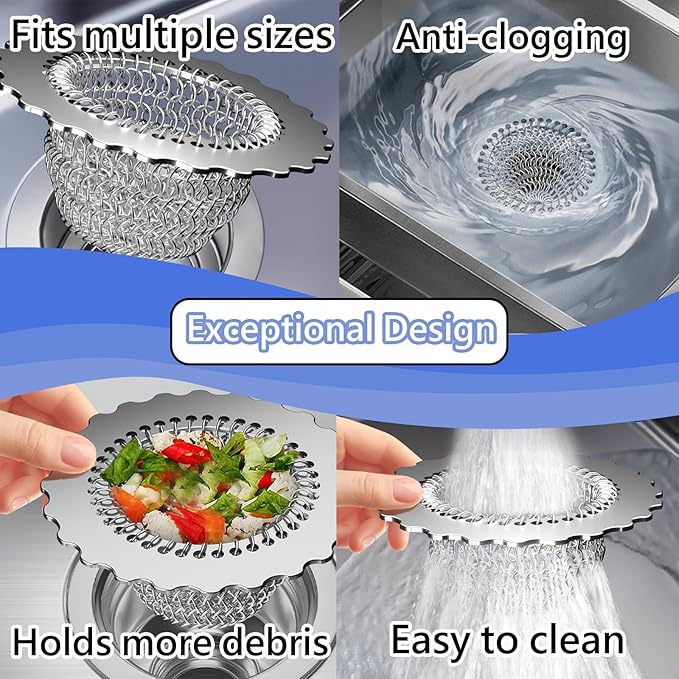 Kitchen Sink Drain Strainer, Patented 304 Stainless Steel Reversible Mesh Strainer with Flexible Chain, Handcrafted Anti-Clog Garbage Disposal Tool, Easy to Clean - 1 Pack