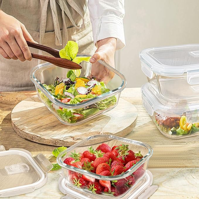 Square Glass Containers with Lids 24oz - Borosilicate Glass Food Storage Set 3 Cup, Freezer Safe Meal Prep Containers, Sandwich Lunch Box, Yogurt Cereal Bowls with Vented Lids BPA Free 4 Pack
