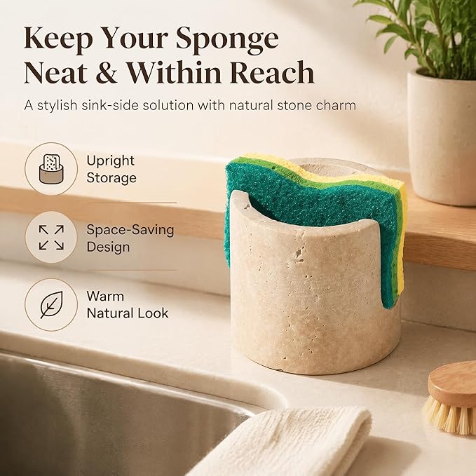Natural Travertine Sponge Holder for Kitchen Sink - Quick Dry Absorbent Stone Sink Caddy, Non-Slip Rustproof and Aesthetic Beige Marble Stone Sink Organizer