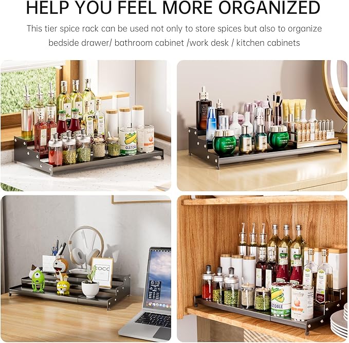 Expandable Carbon Steel Spice Rack Organizer for Pantry, Adjustable 3-Tier Ladder Shelf,Holds Up to 24 Cans,Kitchen Countertop Organizer, Rustproof Storage Rack for Spices, Cans, Sauces & Dry Goods