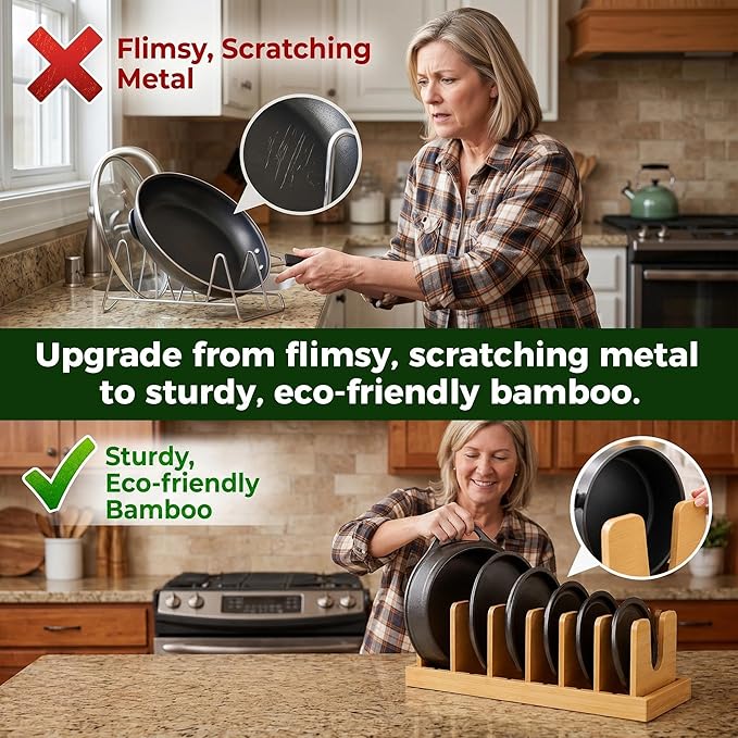 Premium Bamboo Pot Lid and Pan Organizer Rack for Kitchen Cabinets & Drawers β Adjustable Expandable Cookware Divider for Heavy Cast Iron, Baking Sheets & Plates β Scratch-Free Moisture-Resistant Wood