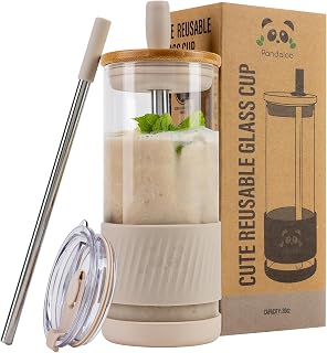 Glass Cups With Lids and Straws -20 Fl Oz- Perfect Size Iced Coffee Cup - Smoothie Cup With Bamboo Lid and On the go Lid (Creamy Mushroom, 1 Count (Pack of 1)