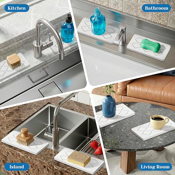 Diatomite Stone Sink Tray, 2PCS Water Absorbing Stone Trays, Quick Drying Hand Soap Holder with Anti-Skid Feet, Bathroom Tray Countertop for Bathroom Sink Kitchen Counter Faucet Organizer Decor