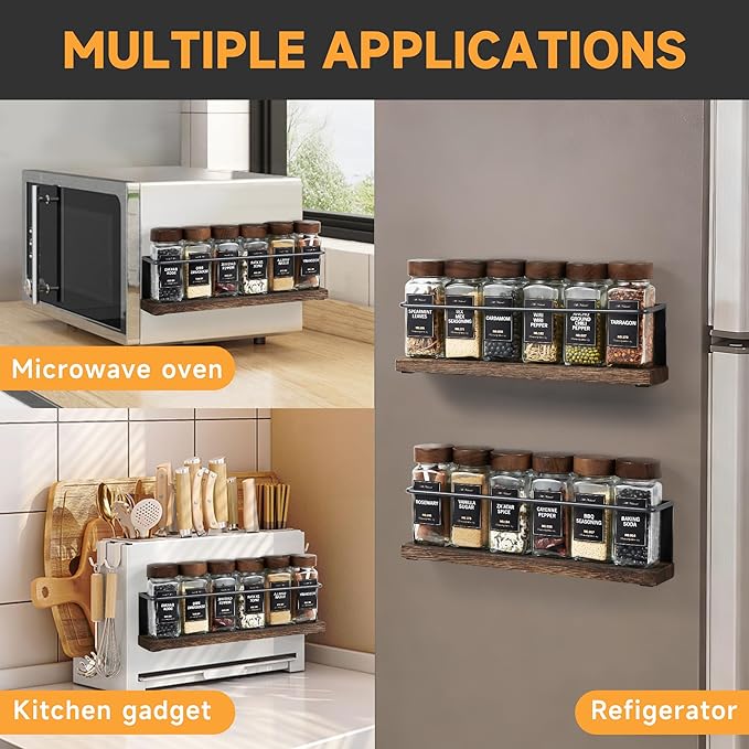 Wooden Lid Magnetic Spice Rack with 12 Jars, 216 Labels, 1 Steel Funnel for Refrigerator,Microwave Oven - Full Set of Spice Organizer