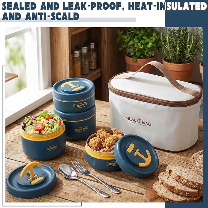 Dandat 4 Pcs Insulated Lunch Container, Portable Bento Box, Stainless Steel Lunch Box, Round Stackable Leakproof Thermal Food Container for Adult Men Women with Insulated Bag, 74 oz(Royal Blue)