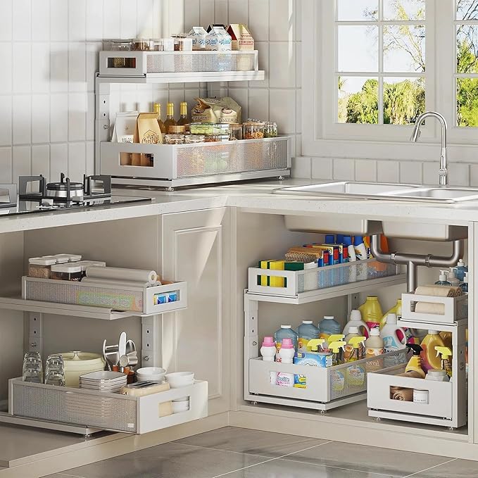2 Pack 18.5IN-Depth Under Sink Organizer With Next-Gen Ball-Bearing Slides,2-Tier Pull Out Cabinet Storage,Height Adjustable Drawer Shelf for Bathroom,Kitchen,Laundry,Cabinet,Pantry-White