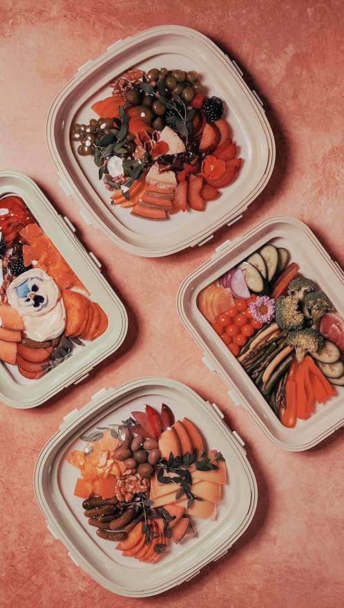 Crudités | Portable Snack Tray | Rectangle 2-Pack | Cream White | Reversible Stretch Lid Food Containers | BPA-Free, Freezer & Dishwasher Safe | Meal-Prep, Charcuterie, Salads, Picnic, Travel