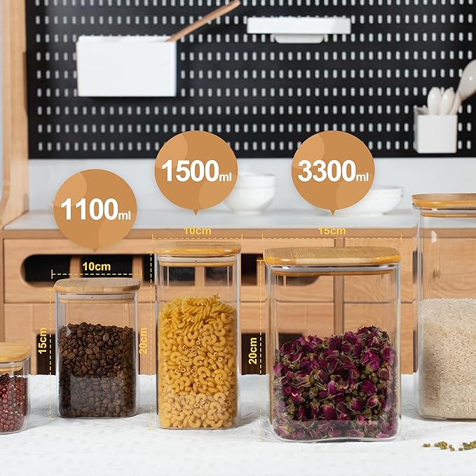 D2scrma 50oz Airtight Glass Square Storage Canister with Bamboo Lid Set of 3 (1500ml) Container Stackable Spice Jar, Kitchen Canister for Flour, Cookies, Cereal and Coffee beans (with Black Lable)