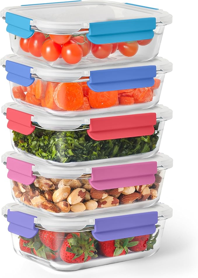 ECOBERI Glass Meal Prep Containers, 5 Piece 4.5 Cup Set, Borosilicate Glass Food Storage with Leak-Resistant Lids, Oven, Microwave, Freezer and Dishwasher Safe