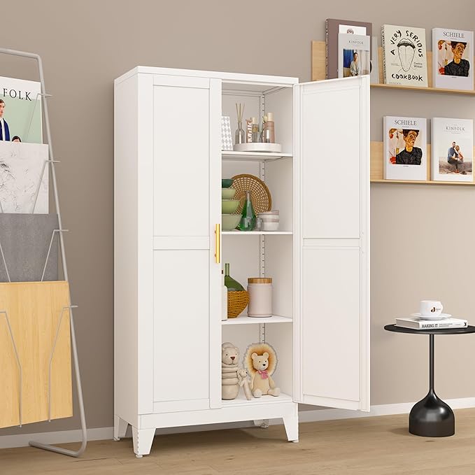 winiowa Metal Pantry Cabinet with 2 Doors and Adjustable Shelves, Kitchen Storage cabinets with Gold Handles, Versatile Storage for Laundry/Living Room,Bathroom,Dinning Room-White