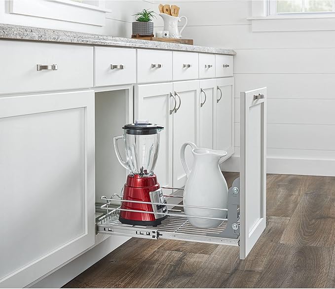 Rev-A-Shelf Steel Wire Pullout Drawer Organizer Shelf for Kitchen Cabinets, Slide Out Storage Basket, Min Opening Width of 11.5" W, 12" x 22", 5WB1-1222CR-1