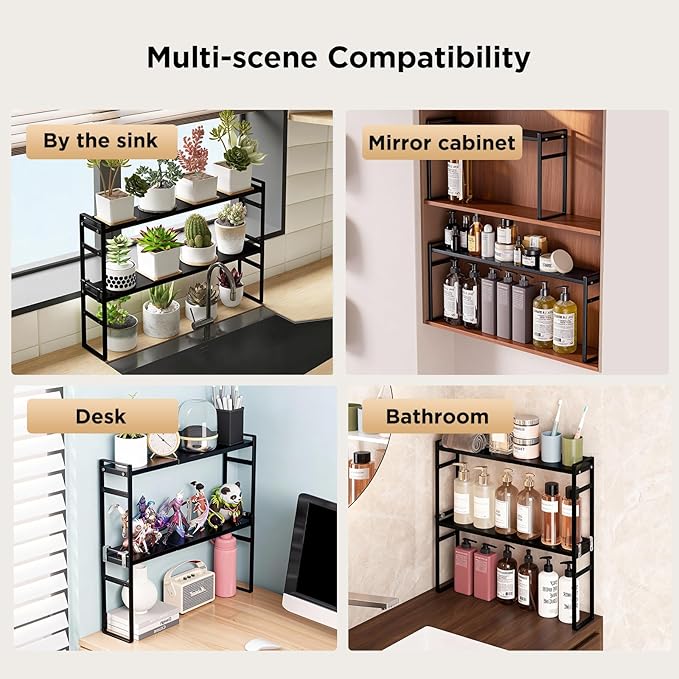 2 Tier Expandable Stackable Narrow Shelf Organizer, Tall Countertop Organizer for Tight Spaces, Windowsill Plant Stand, Over-Sink/Faucet Shelf, Kitchen Storage, Bathroom Vanity, Laundry Room (Black)