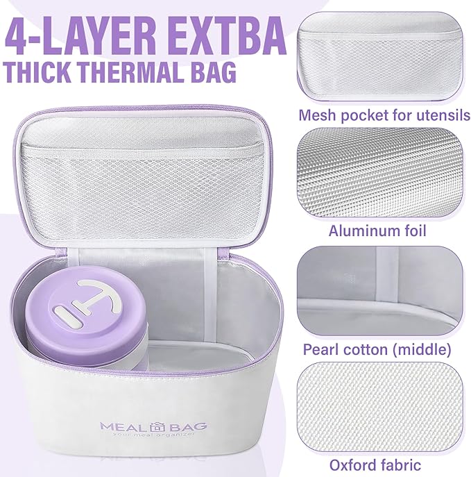Dandat 4 Pcs Insulated Lunch Container, Portable Bento Box, Stainless Steel Lunch Box, Round Stackable Leakproof Thermal Food Container for Adult Men Women with Insulated Bag, 74 oz(Purple)