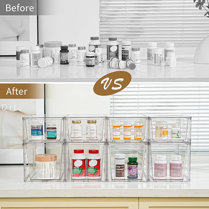 6Pack Stackable Kitchen Storage Organizer, Pantry Organizers and Storage, Clear Foods Organizer Bins with Handles, Easily Assemble for Bathroom, Kitchen, Pantry, Cabinet, Closet