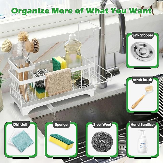 Sponge Holder for Kitchen Sink, Sink Caddy Organizer with Detachable Cloth & Brush Holder, Self-Draining Sponge Caddy Organizer with 360° Rotatable Spout, Kitchen Countertop Storage Accessories(White)