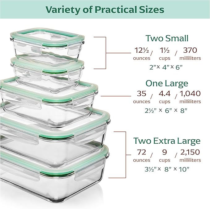 Fusion Gourmet Large Glass Food Storage Containers with Lids [5 Pack, 72 oz