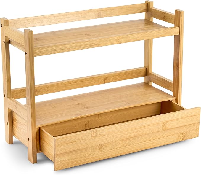 Sorbus Bamboo Bathroom Counter Organizer – 2-Tier Shelf with Hidden Drawer for Vanity, Matcha Station, Bathroom Sink Organizer Countertop, Kitchen & Office Storage (17″ L x 6.5″ W x 12.6″ H)