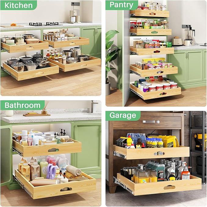 2Pack Pull Out Cabinet Organizer, Soft Close Wooden Slide Out Drawers for Pots, Full-extension Roll Out Shelves for Kitchen Cabinets, Pantry Organization, Bottom and Side Mount( 21"W X 21"D x 3.4''H)