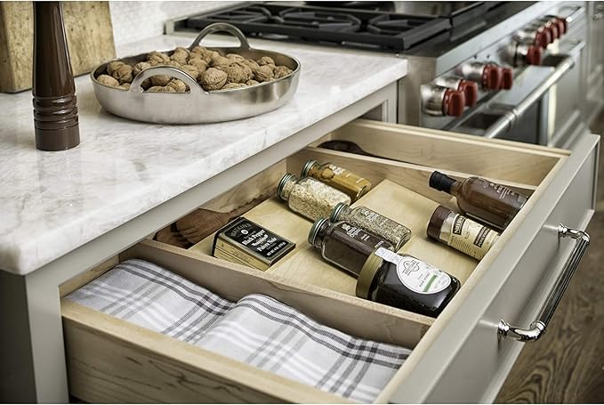 Rev-A-Shelf 3-Tier Wood Trim-to-Custom-Fit Spice Rack Drawer Insert, 16" x 19.75", Maple - Drop-In Seasoning Jars Storage Tray Organizer for Kitchen Cabinet and Pantry Organization, 4SDI-18