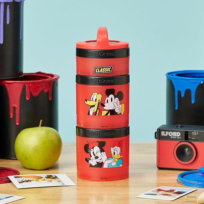 Whiskware Disney Mickey Mouse and Friends Stackable Snack Containers for Babies, Toddlers, and Kids, 3 Stackable Snack Cups for School and Travel, Cupholder Friendly, Classic!