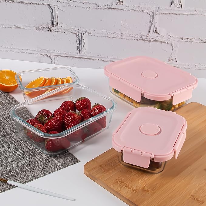 Glass Meal Prep Containers 10 Pack, Food Storage Containers with Snap Locking Lids Airtight Built in Air Vents, Glass Containers for Lunch, Microwave/Dishwasher Safe, Pink