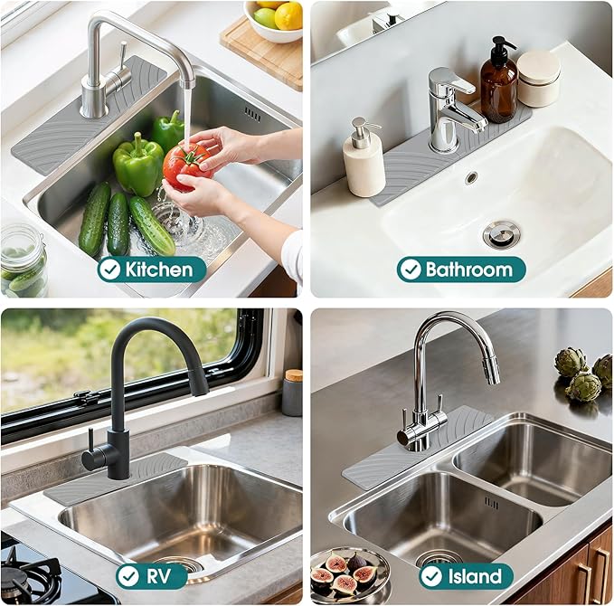 Quick Dry Stone Faucet Mat for Kitchen Sink - 15.8"x3.9" Natural Diatomite Stone Drying Mat for Kitchen Counter Bathroom Dish Dry Mat Auto Drainage Sink Protector (Light Grey)