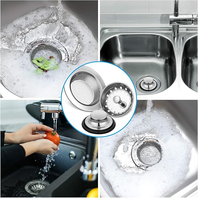 Mudder 3 Pcs Kitchen Sink Drain Strainer and Stopper Stainless Steel Garbage Disposal Plug with Handle Universal Anti-Clogging Kitchen Sink Filter Sieve Basket Strainer(Silver)