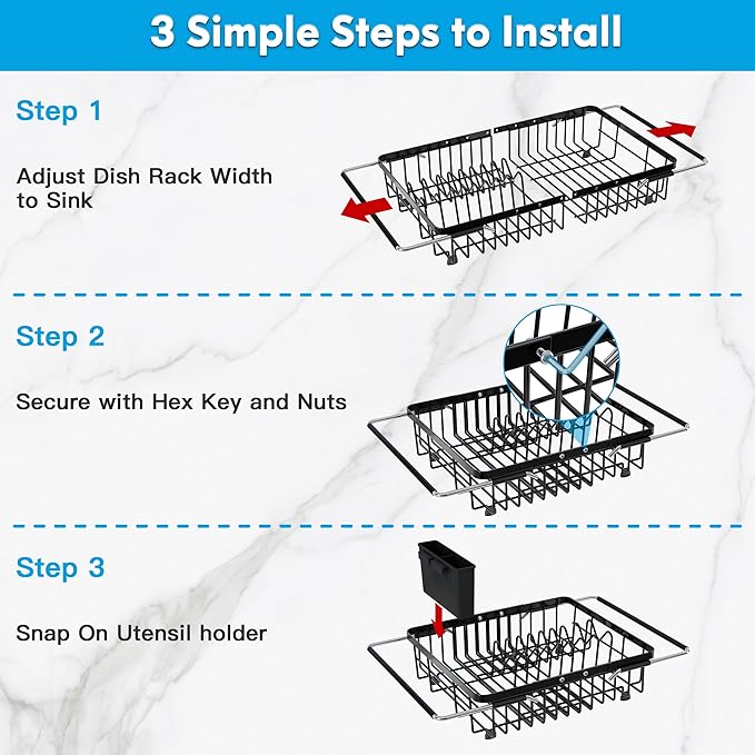 JASIWAY Expandable Stainless Steel Over The Sink Dish Drying Rack for Small Kitchen Counter Space Saving, Compact Black Plate Drainer Strainer, Adjustable Hanging Metal Dish Dryer with Utensil Holder