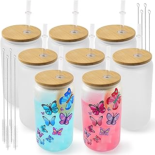 Sublimation Glass Cups 8 Pack 16 oz Frosted with Lids and Straws