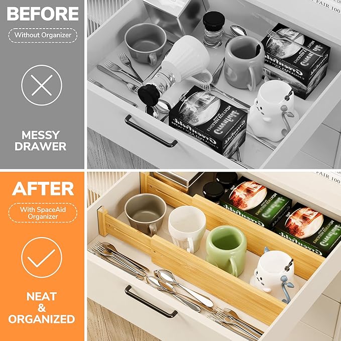 BAMEOS Bamboo Expandable Drawer Dividers – Fits 13.3"–19" Drawers, 3" Deep Walls, Set of 4 | Spring-Loaded Separator for Deep Kitchen & Bathroom Drawers, Prevents Items Falling Over