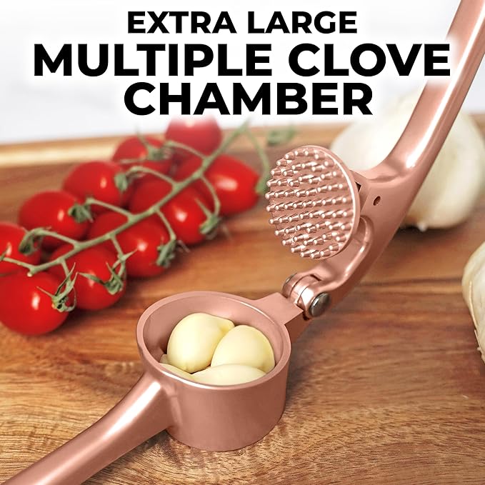 Zulay Kitchen Premium Garlic Press Set - Rust Proof Professional Garlic Mincer Tool - Easy-Squeeze, Easy-Clean with Soft Handle - Silicone Garlic Peeler & Brush (Rose Gold)