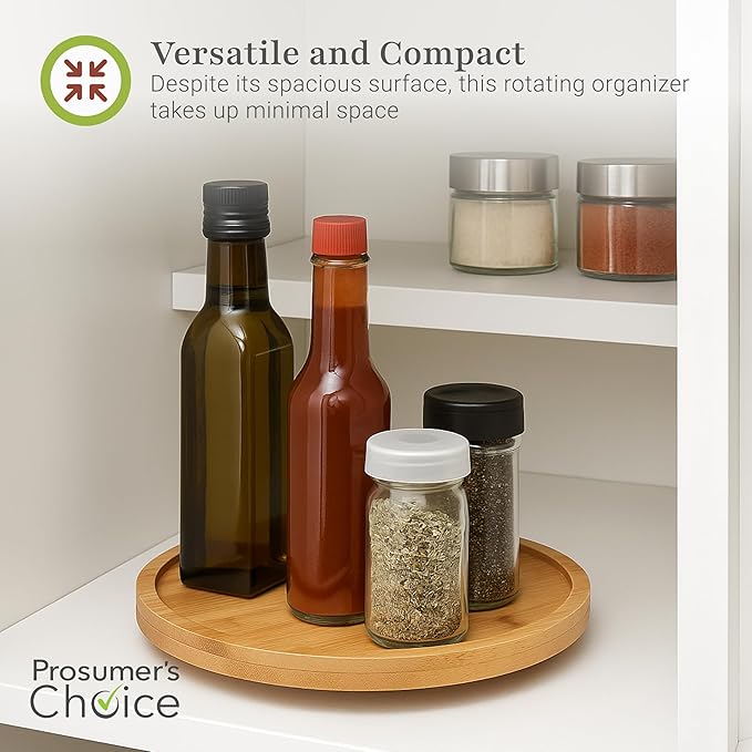 Prosumer's Choice Bamboo Lazy Susan Spinning Organizer Turntable - 10x10-Inch Revolving Condiment and Spice Rack - Multipurpose Rotating Bamboo Wood Organizer for Kitchen Countertop or Bathrooms